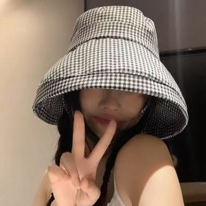 2025 Spring Summer Outdoor Plaid Fishing Cap Womens UV Protection Sun Hat Large Brim Shade Hat Casual Style round Top Hat