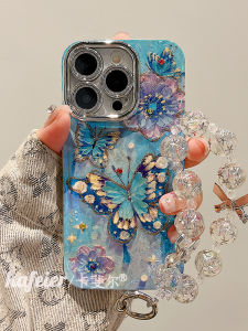 Kafel Blue Oil Painting Butterfly Flower Silicone Phone Case for iPhone 15 pro Max Apple 14 New Model 12 Womens Protective Film with Lens