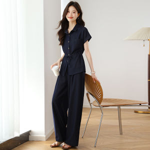 Fashionable Denim Set Womens Summer 2025 Short Sleeve Wide Leg Pants Two Piece Suite Waist Cinching Slimming High End Feel