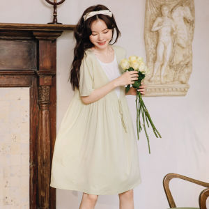 Summer Thin Short Sleeve Maternity Nightgown Nursing Dress Hospital Delivery Postpartum Home Skirt Comfortable Knitted Casual round Neck Sleepwear