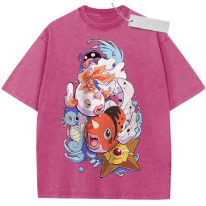 Bandai | Vintage Washed Anime T-Shirt Pokemon Print Magikarp Staryu Design Oversize Streetwear Casual Daily Wear