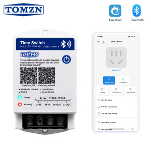 TOMZN TOS6-B Bluetooth Smart Timer Switch 85-265VAC 10A 30A EasyCon Wall-mounted Loop Timing Countdown 28 Groups Timing