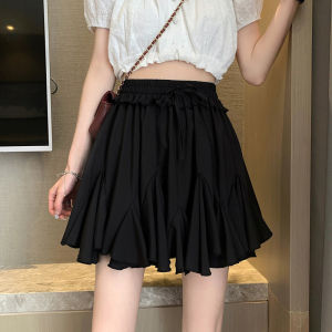 Elastic Waist Pleated Half Skirt Womens Spring Summer plus Size Flared A-Line Short Skirt Casual High Waist Midi Skirt