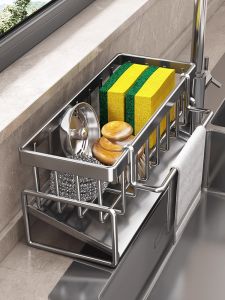 Kitchen Shelving Unit Drain Rack Dishcloth Storage Faucet Vegetable Washing Basin Dishwashing Sink Steel Wool Storage Solution