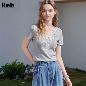 puella | Lace Spliced V-Neck Short Sleeve Womens T-Shirt