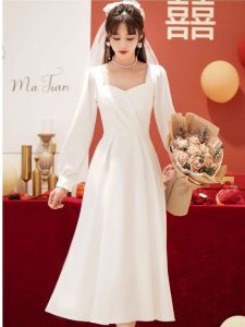 Elegant White Long Sleeve Dress Wedding Ceremony Engagement Party Womens Dress Simple Style A-Line Skirt Polyester Fiber