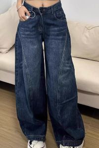 Retro High Waist Wide Leg Blue Jeans Womens Loose Fit Washed Drapey Knife Edge Denim Pants Autumn Season Casual Cotton Jeans