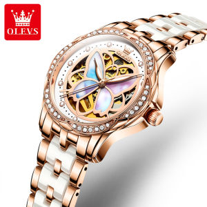 OLEVS | OLEVS 6615 Original Luxury Brand Womens Automatic Mechanical Watch Elegant Diamond Skeleton Ceramic Strap Womens Watch Set