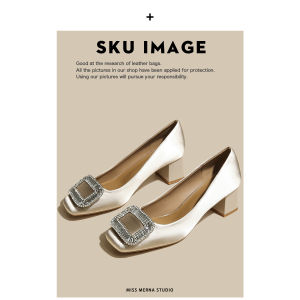 Merna Frosted ผ้าซาติน รองเท้าเดี่ยวส้นหนาประดับเพชร ผู้หญิง สไตล์ฝรั่งเศส รองเท้าแม่บ้านรองเท้าส้นสูงกลางหัวเหลี่ยม