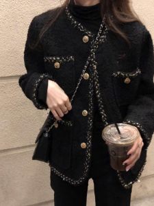 เสื้อโค้ทสีดำสไตล์ฝรั่งเศสไซส์ใหญ่ ทรงเข้ารูป หนา ฤดูใบไม้ร่วง/ฤดูหนาว เสื้อโค้ทผู้หญิงไซส์ใหญ่ แฟชั่นสตรี