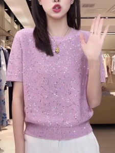Stylish Youth-Preserving Pink Glitter Decorative Womens Knit Top