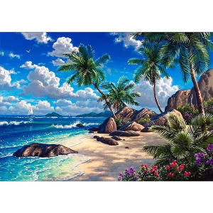 Jigsaw Puzzle 500 1000 1200 2000pcs Beautiful Beach With Palm Trees And Blue Ocean Wave For Adults Relaxing Hobby Present