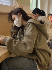 Spring Womens Loose Hoodie Jacket Sporty Open Cardigan Casual Wear Cotton Polyester Blend Long Sleeve Zipper Closure Solid Color