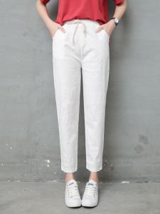 Quần Dài Cotton Lanh 9 Điểm Cạp Cao Mùa Xuân Hè Phong Cách Mới Hàn Quốc Quần Dài Thường Ngày Rộng Rãi Cỡ Lớn