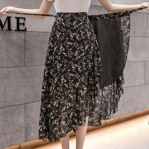 One-Piece Summer Beach Skirt Womens High Waist Asymmetrical Floral Print Chiffon Fairy Tale Fish Tail Skirt Vintage Style