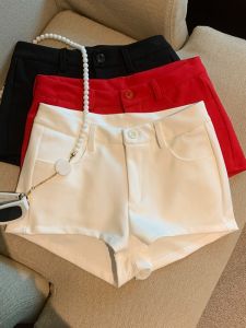 GUZILIAN | American Style Low Waist A-Line Elastic Slimming Hot Shorts Womens Casual Summer New Outwear White Ultra-Short Skirt