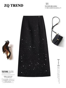 La Chapelle Glitter Half Skirt Womens Autumn Winter High Waist Woolen Straight A-Line Long Skirt Shiny Starry Sky Pattern