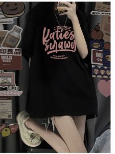 American Style Loose Cotton Short Sleeve T-Shirt for Girls Spring Summer Fashion Brand Printed round Neck Mid-Length Top