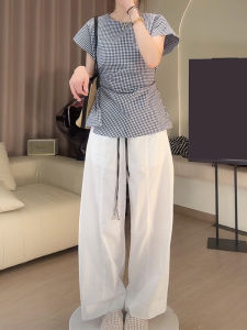 Shalldoer | Fashionable Womens Summer Checkered Top With Drawstring Casual Pants Two-Piece Set Short Sleeve Round Neck Long Pants