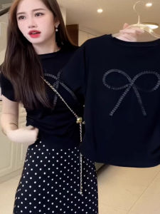 Áo thun nữ BINKAFENNY tay ngắn đen cổ tròn đính nơ