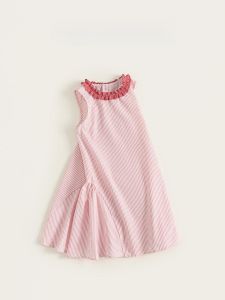 Summer Elegant Childrens Vest Skirt Dress Sleeveless Ruffle Collar Stripe Pattern Soft Fabric Sweet Style Girls Dress