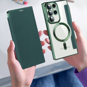 CrashStar With Lens Films For MagSafe Flip Leather Shockproof Phone Case For Samsung Galaxy S25 S24 S23 S22 Ultra Plus + S23 FE A16 A06 A55 A35 A15 A05S Wireless Charging Phone Casing Transparent Cover With Full Cover Camera Protection