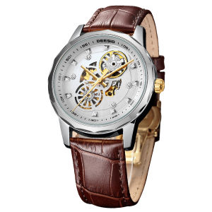 Deesio Automatic Mechanical Watch for Men Leather Strap Luminous Skeleton 316L Stainless Steel Case Water Proof Gift for Men