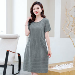 Stylish Cotton Silk Young Style Summer Dress Midi A-Line Skirt for Middle-Aged Mothers Outerwear Casual round Neck Short Sleeve