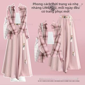 NUMEN BUTTON | Bộ Áo Sơ Mi Carô Ngọt Ngào Đầm Quần và Áo Dây Phong Cách Preppy Cho Mùa Xuân Hè
