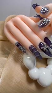 100% HANDMADE Trapezoid Shape Artificial  Nails y2k metallic dark purple cyberpunk nails Phototpy Fake Nail Press on Nail Reusable And Removable With Free Glue