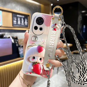 Huawei Nova12 pro Cute Rabbit Silicone Phone Case with Wristband Stand Anti-Fall Full Cover Protective Cover for Couples Women Crossbody Neck Rope Strap