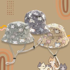 Topi Bucket Anak dan Balita Gambar Kucing Lucu Bahan Kanvas Premium Dengan Tali Usia 1-8 Tahun