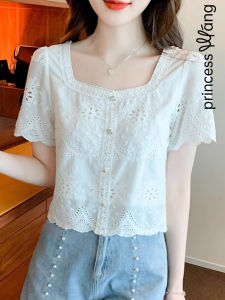 WANGGONGZHU | Princess Style Short Sleeve Hollow Out Square Collar Womens Shirt Summer Fashionable Versatile Top Design Sensation Short Shirt