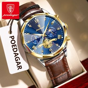 POEDAGAR Genuine Mens Watch Leather Strap Chronograph Luminous Calendar Multifunctional 100% Waterproof 938