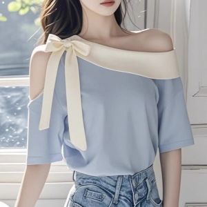 Korean Style Fashionable T-Shirt Womens Summer 2025 New Versatile High-End Feelings Shoulder Bared Short Sleeve Butterfly Knot Top