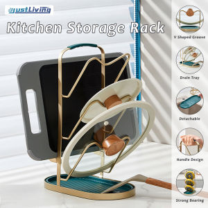 JustLiving 3 Tier Pot Lid Holder Rack Pan Iron Pot Lids Holder Multi Layers With Draining Tray Kitchen Organizer Punch-free Vertical Cover Rack Multifunctional Desktop Storage Racks