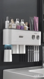Wall Mounted Toothbrush Holder with Automatic Toothpaste Dispenser No-Drill Bathroom Organizer Rack with Cup for Family Use