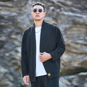 plus Size Mens Open Cardigan Jacket Spring Autumn Trendy Fat Mans Robe Loose Fit Long Sleeve Pure Color Casual Outerwear