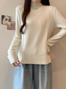 plus Size Womens Long Sleeve Fleece Lined T-Shirt Half High Collar Base Layer Shirt Winter Commute Korean Style Loose Fit