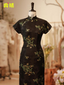 Classic Qing Dynasty Black Silk Cheongsam Young Style National Trend New Chinese Style Daily Low Cut Short Sleeve Floral Pattern