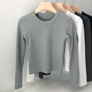Thickened Fleece Long Sleeve Slim Fit T-Shirt Women Pure Cotton round Neck Simple Versatile Inner Wear Winter One-Piece Velvet
