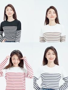 GIORDANO Women T-Shirts Stripe Crewneck Long Sleeve Fall Spring T-Shirts 100% Cotton Double Splits Casual Simple Tee 13322802