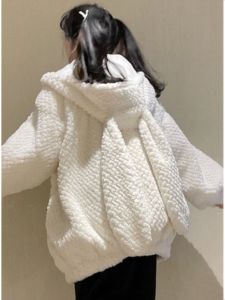 Cute Rabbit Ear Lamb Velvet Jacket Womens Loose Fit Solid Color Sweetened Fleece Outerwear Korean Style New 2025