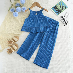 ชุดเสื้อแขนกุดคอกลม 2 ชิ้น สีทึบ กางเกงขาม้า 2 ชิ้น แขนกุด มีจีบ สีสัตว์