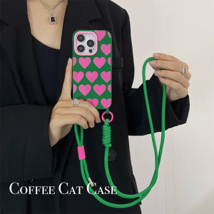 เคสโทรศัพท์มือถือแบบสะพายข้างสีชมพูรูปหัวใจสีเขียวสำหรับ Apple 15Promax iPhone 13 สายสะพายไหล่ปรับได้สไตล์เกาหลีสำหรับเด็กผู้หญิง