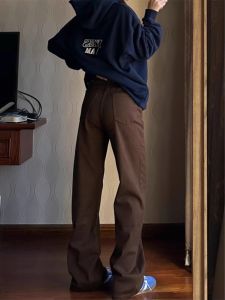 High Waist Straight Leg Coffee Color Jeans Womens Loose Slimming Floor-Length Pants Autumn New Style Cotton Stretch Denim