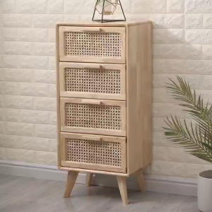 Nordic Japanese style solid rubber wood cabinet four drawer chest with rattan weaving