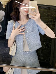 Elegant Sequin Short Sleeve round Neck Womens Fashion Set Autumn Short Pants Two-Piece Suit Polyester Fiber Button Closure