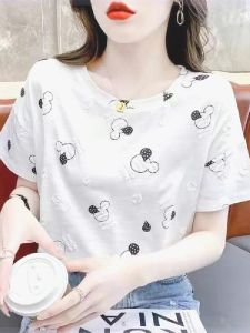 Áo Thun Nữ Tay Ngắn Sọc in Chữ Thời Trang Mùa Hè Thường Ngày Dáng Rộng Dài Vừa Phải Chất Liệu Cotton Áo Thun Phong Cách Đường Phố