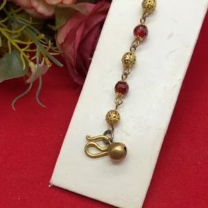 สร้อยข้อมือพลอยมณีใต้น้ำแท้ 6 มิล งานดิบ ไม่ชุบ คั่นตะกร้อห้อยกระพรวน ยาว 7.5 นิ้ว ทองเหลืองโบราณ หินนำโชค เสริมบารมี